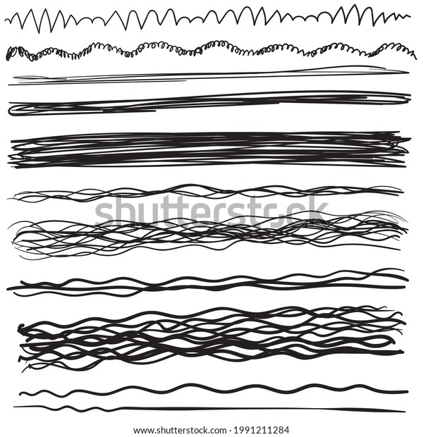 Hand drawn line set. Sketched lines, doodle\
strokes, handdrawn black and white scribble dividers, sketchy\
strokes, underline vector\
illustration