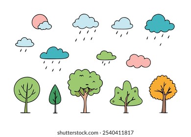 
Forma de linha desenhada à mão nuvem de chuva e árvore definir ilustração vetor plana sobre fundo branco.