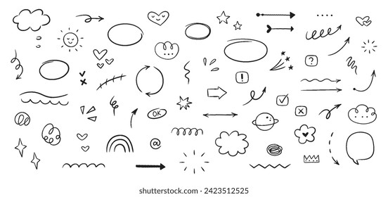 Hand drawn line simple elements, cloud, speech bubbles, underline, emphasis, star, arrow, hearts element. Doodle vector illustration.