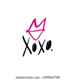 Hand drawn line sketch lipstick kiss symbol, hugs and kisses text. Vector, clipart, isolated details. Editable EPS format