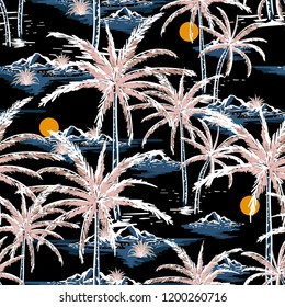 Hand drawn and line sketch summer night island ,beach and palm trees seamless pattern vector design for fashion,fabric,wallpaper and all prints on black background color