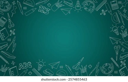 hand drawn line stationery design for back to school with frame border empty space for banner design on green gradient background