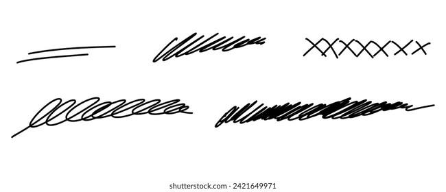 Hand drawn line stroke set. Highlight marker underline and strike through collection. Pen line template. Vector illustration isolated on white background.
