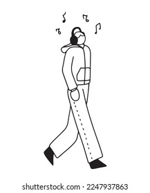 Hand drawn line style doodle male wearing headphones, listening to music while walking. Isolated vector illustration