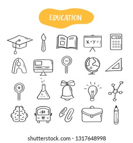 Hand drawn line style icons of Education. Doodle icons set