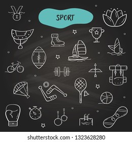 Hand drawn line style icons of Sport. Doodle icons set on black background