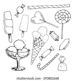 Hand drawn line sweet candies and ice cream.Ink doodle sketches.
