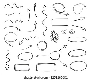Hand drawn line symbols on isolated background. Chaotic geometric shapes with hatching. Wavy tangled arrows. Black and white illustration. Elements for posters and flyers