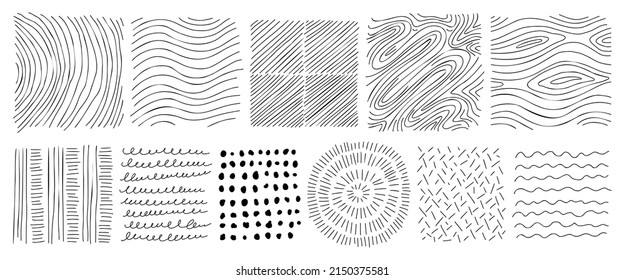 Hand drawn line texture set. Vector scribble, horizontal and wave strokes collection. Doodle shapes. Trendy illustration. Graphic vector freehand textures set. Ink lines isolated on white background.