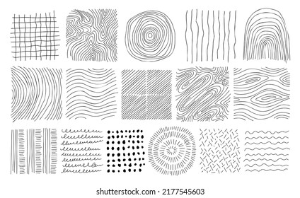 Hand drawn line texture set. Vector scribble, horizontal and wave strokes collection. Doodle shapes. Trendy illustration. Graphic vector freehand textures set. Ink lines isolated on white background.