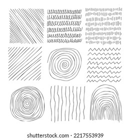 Hand drawn line texture set. Vector scribble, horizontal and wave strokes collection. Doodle shapes. Trendy illustration. Graphic vector freehand textures set. Ink lines isolated on white background.