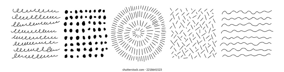 Hand drawn line texture set. Vector scribble, horizontal and wave strokes collection. Doodle shapes. Trendy illustration. Graphic vector freehand textures set. Ink lines isolated on white background.