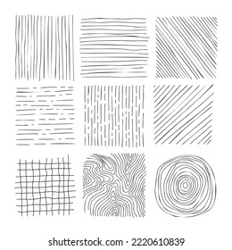 Conjunto de textura de línea dibujada a mano. Colección de trazos de vectores, horizontales y ondulados. Formas de garabato. Ilustración de moda. Conjunto de texturas vectoriales de mano libre. Líneas de tinta aisladas en fondo blanco.