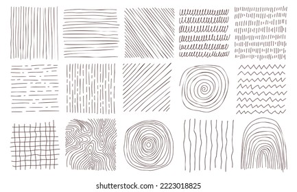 Hand drawn line texture set. Vector scribble, horizontal and wave strokes collection. Doodle shapes. Trendy illustration. Graphic vector freehand textures set. Ink lines isolated on white background.