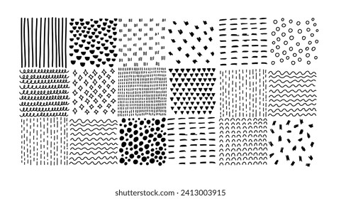 Hand drawn line texture set. Vector scribble, horizontal, and wave strokes collection. Doodle shapes. Trendy illustration. Graphic vector freehand textures set. Ink lines isolated on white background.