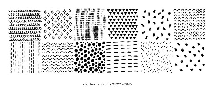 Hand drawn line texture set. Vector scribble, horizontal and wave strokes collection. Doodle shapes. Trendy illustration. Graphic vector freehand textures set. Lines are isolated on a white background