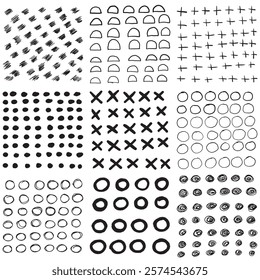 Hand drawn line texture set. Vector scribble, horizontal and wave strokes collection. Graphic vector freehand textures. Doodle shapes. Trendy illustration. Ink lines isolated on white background