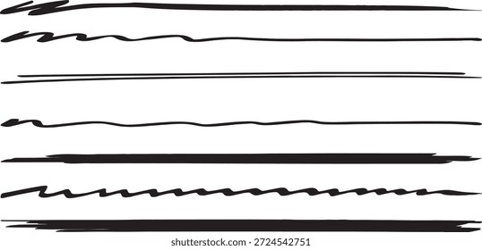 Textura de linha desenhada à mão definida com traçados irregulares e bordas ásperas. Linhas de tinta abstratas criam divisores, sublinhados e bordas minimalistas para layouts de design modernos. Traços pretos orgânicos adicionam detalhes artísticos a projetos criativos.