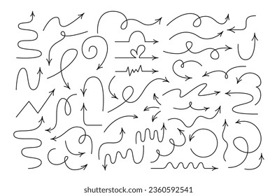 Hand Drawn Line Thin Winding Arrows Collection. Curly Pointers Editable Stroke. Wavy Outline Arrows Set.