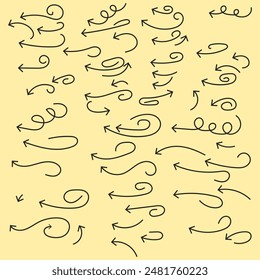 Hand Drawn Line Thin Winding Arrows Collection. Curly Pointers Editable Stroke. Wavy Outline Arrows Set.