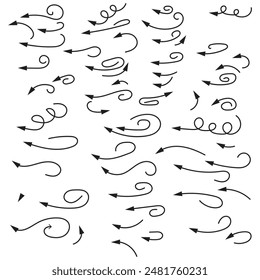 Hand Drawn Line Thin Winding Arrows Collection. Curly Pointers Editable Stroke. Wavy Outline Arrows Set.