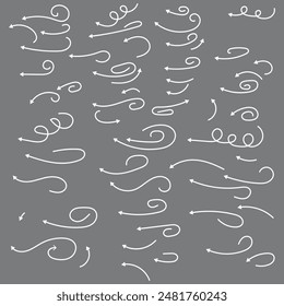 Hand Drawn Line Thin Winding Arrows Collection. Curly Pointers Editable Stroke. Wavy Outline Arrows Set.