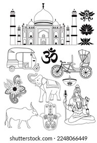 Hand Drawn Line Traditional Culture Symbols of the India Country.  Set of India icons doodle. 