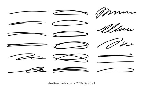 Hand drawn line underline set. Marker pen strokes for text emphasis and highlights. Handwritten scribble ink sketch elements for planners, notebooks and social media. Casual vector design symbols.