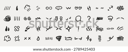 Hand drawn line vector anime elements. Fun cartoon manga graphic. Emoticon drawing. Motion  sketch.