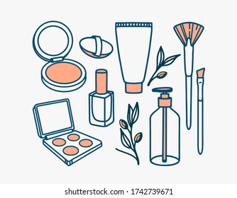 Hand drawn line vector icon set of makeup and cosmetics bottle, brushes. make-up illustration collection of face or hand cream, nail polish, powder and sponge, eyeshadow, bottle with dispenser