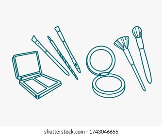 Hand drawn line vector icon set of makeup and cosmetics palette with brashes. Line art collection icon eyeshadow, highlighter, contour, bronzer, powder.