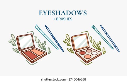 Juego de iconos vectoriales de línea dibujada a mano de la paleta de maquillaje y cosméticos con pincel. Icono de línea de arte eyeshadow, marcador de resaltado, contorno, bronzer. Las flores alinean una colorida ilustración del dibujo a mano.