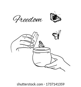Hand drawn line vector illustration - A man releases butterflies from a jar. Freedom concept. The end of quarantine metaphor. Pandemic is over