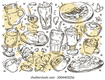 Hand drawn line vector illustration food and drink menu on white board. Doodle coffee and desserts card: americano, cappuccino, latte macchiato, frappe, mocaccino, cheesecake, croissant