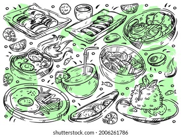 Hand drawn line vector illustration food on white board. Doodle Thai cuisine: meat sua rong hai, pad krapow, tom yum soup, khao pad gai, pineapple fred rice, banana roti, chicken satay, coconut juice