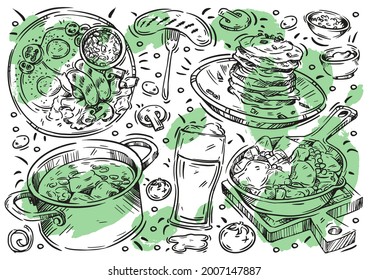 Comida de ilustración de vector de línea dibujada a mano sobre fondo blanco. Cocina irlandesa Doodle: cerveza, crepes, salchichas, huevos, guisos, sopa, parrilladas, tomate