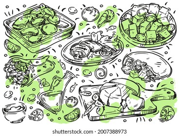 Hand Drawn Line Vector Illustration Food. Doodle Greek Cuisine On White Board: Olives And Olive Oil, Moussaka, Grilled Meat, Gyros, Souvlaki, Hummus, Cheese, Greek Salad, Sauce 