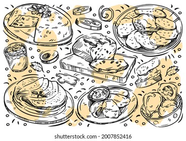 Comida de ilustración de vector de línea dibujada a mano sobre fondo blanco. Doodle de cocina bielorrusa: kletski, crepes, babka, draniki, bebida de fruta, bolas de mesa, bruschetta, pepino, pan