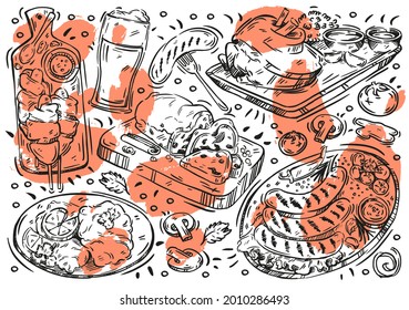 Hand drawn line vector illustration food on white board. Doodle German cuisine: wurst, kartoffelpuffer, brezel, schnitzel, strudel, beer, egg, stollen