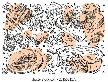 Hand drawn line vector illustration food. Doodle Brazilian cuisine: barbecued meat, vinagrette salsa, fish stew, black-eyed peas fritters, chicken pie, caipirinha drink, pancakes with banana