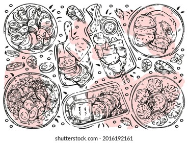 Hand drawn line vector illustration food on white board. Doodle dishes collection: caprese, sausages in dough, falser hase, khinkali, bread, cobb salad, puree, seafood