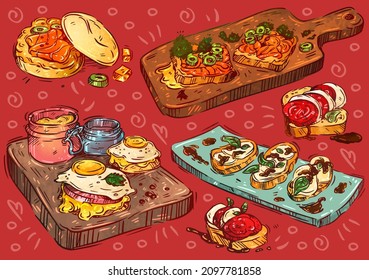 Alimentos para ilustración vectorial de línea dibujada a mano. Colección de bocadillos de Doodle: canapés, sándwich de salmón, salmonete donut, sándwich de mozzarella, salsa balsámica y de albahaca, hamburguesa de huevo bendito, baguette caprese