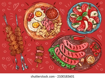 Hand drawn line vector illustration food. Doodle cuisine collection: bavarian sausages with vegetables, caprese salad, kebabs, fried eggs with legumes, mushrooms and tomatoes.