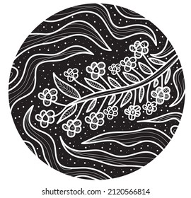hand drawn line vector ilutration of plant, flower and night skies in black and white round shape