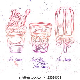 Hand drawn line vector sketch styled iced coffee with ice cream set illustration.Sweet desert menu.Isolated on black background.Food illustration.