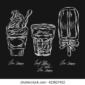 Hand drawn line vector sketch styled iced coffee with ice cream set illustration.Sweet desert menu.Isolated on black background.Food illustration.