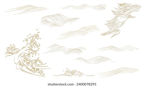 Hand drawn line wave element  with Japanese background vector. Oriental natural pattern with ocean sea decoration banner design in vintage style. Marine template