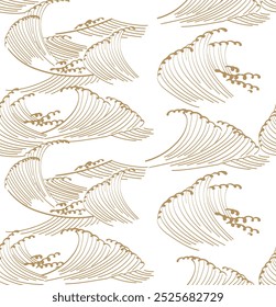 Hand drawn line wave with Japanese seamless pattern vector. Abstract art background in vintage style. Chinese new year banner and card design. Natural element in vintage template design