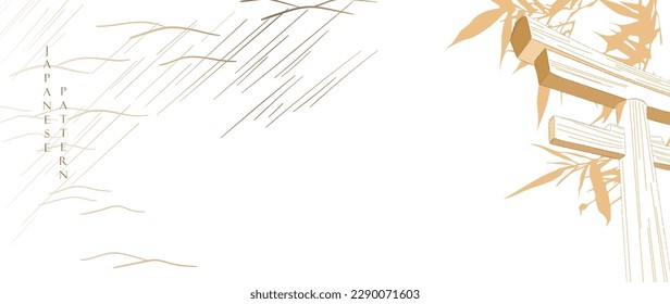 Hand drawn line with wave pattern in Japanese style vector. Oriental decoration with bamboo leaf and gate banner or presentation in vintage style. Brown watercolor texture.