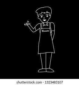 Hand drawn of line white vector illustration in pencil style young barista man Isolated on black background. coffee bar. Coffee concept. Restaurant concept.